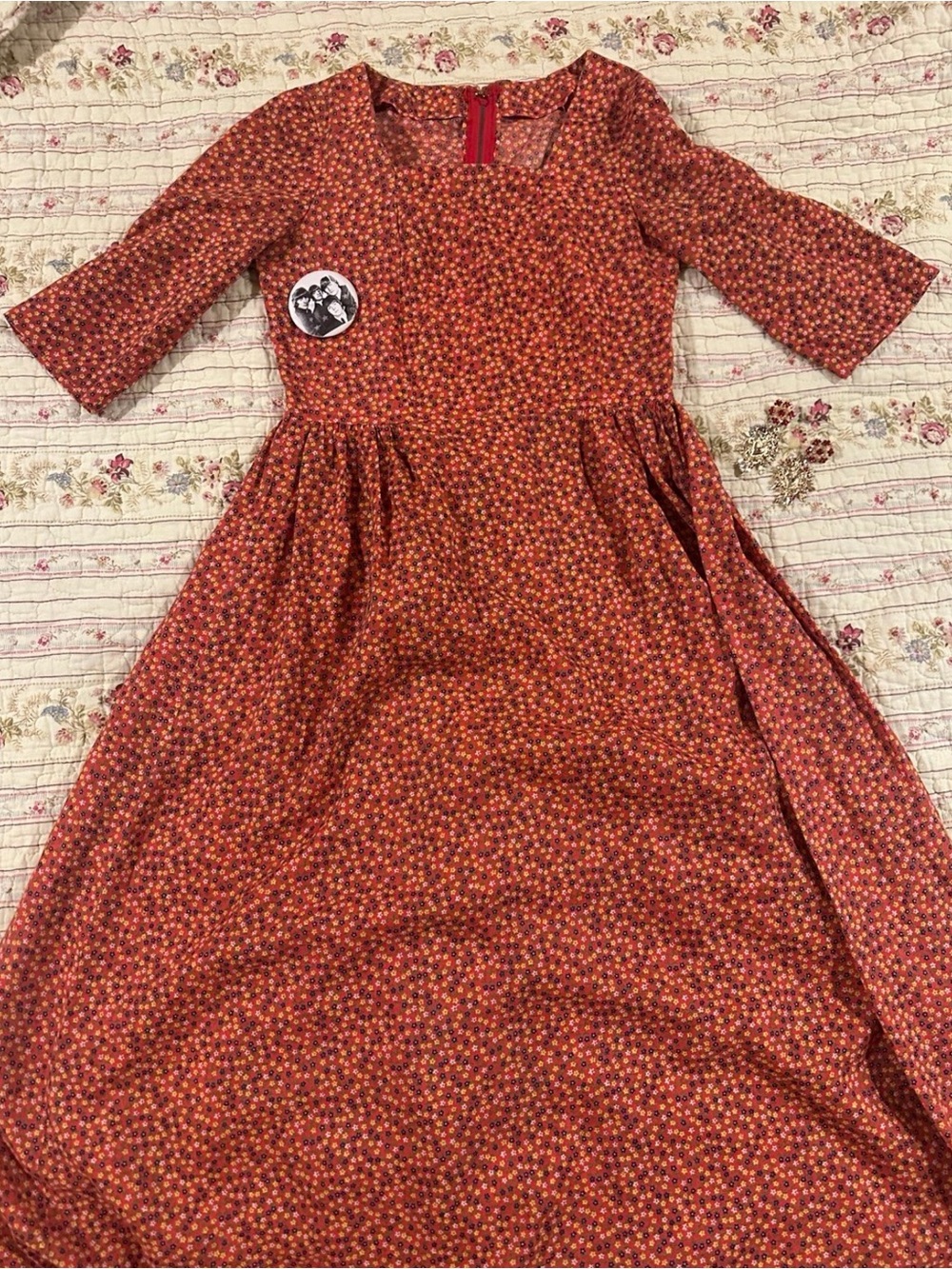 True Vintage 60s 70s Red Ditsy Floral Prairie Midi Dress Girls 10-12 Med Large